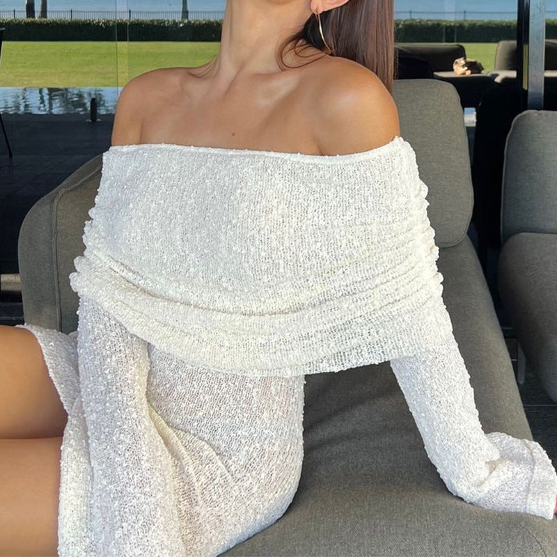 Beach vacation style sexy skirt knitted hollow one-word collar dress female perspective babes