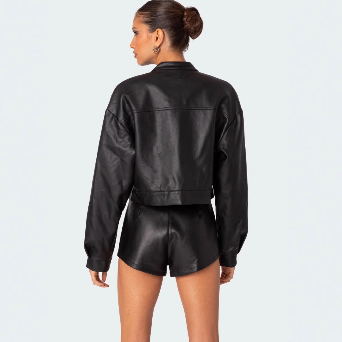 Women's fashion suit, locomotive jacket top, short leather jacket, women's shorts two-piece set
