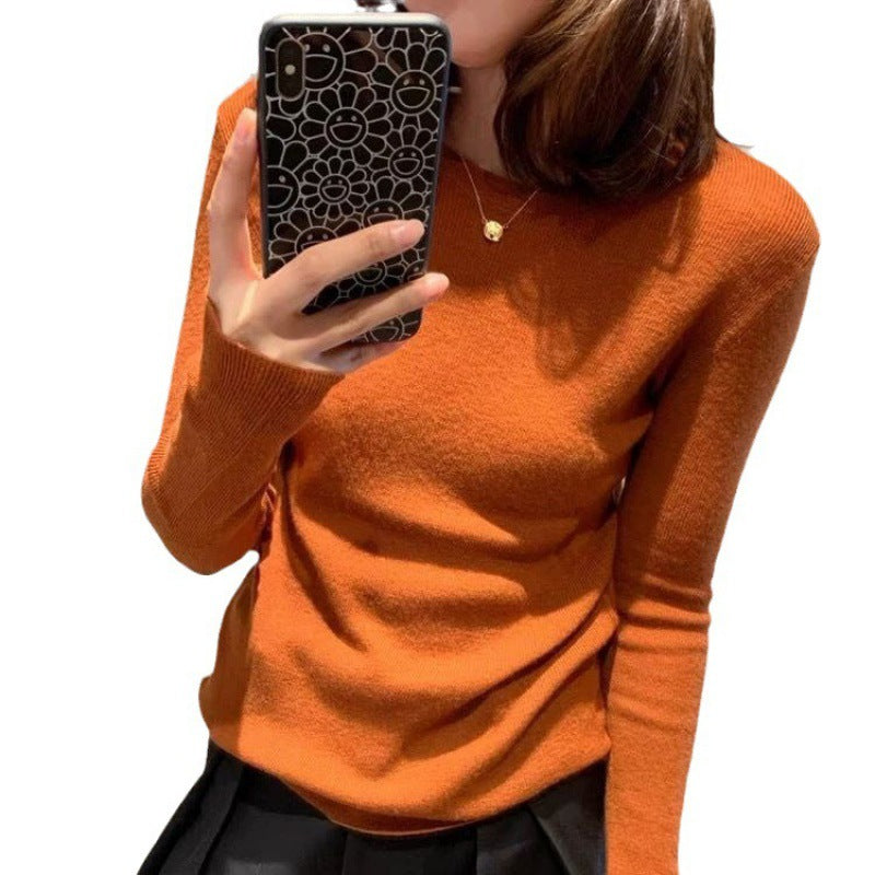 Wool Knitted Sweater Women Round Neck Long Sleeve Slim Fit Top