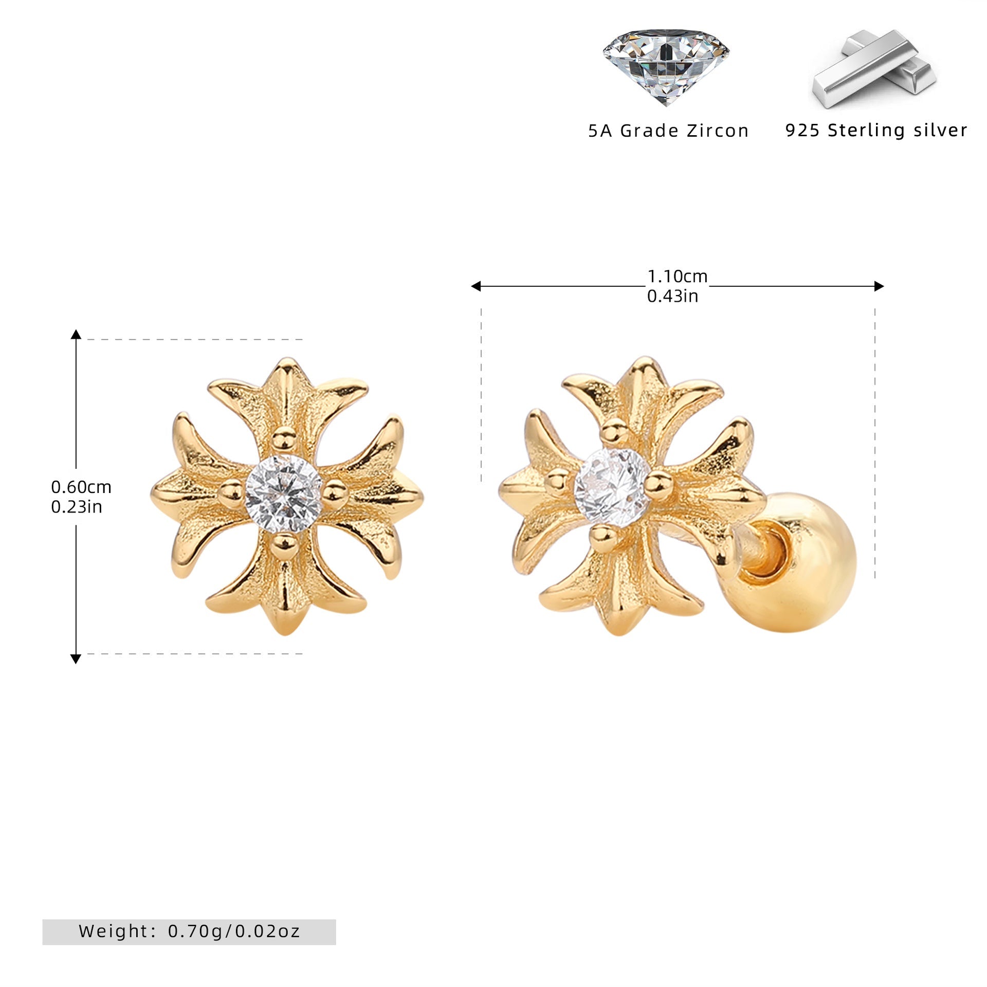 925 sterling silver stud earrings with diamonds, cruciferous earrings, short rod screws, earbone nails.
