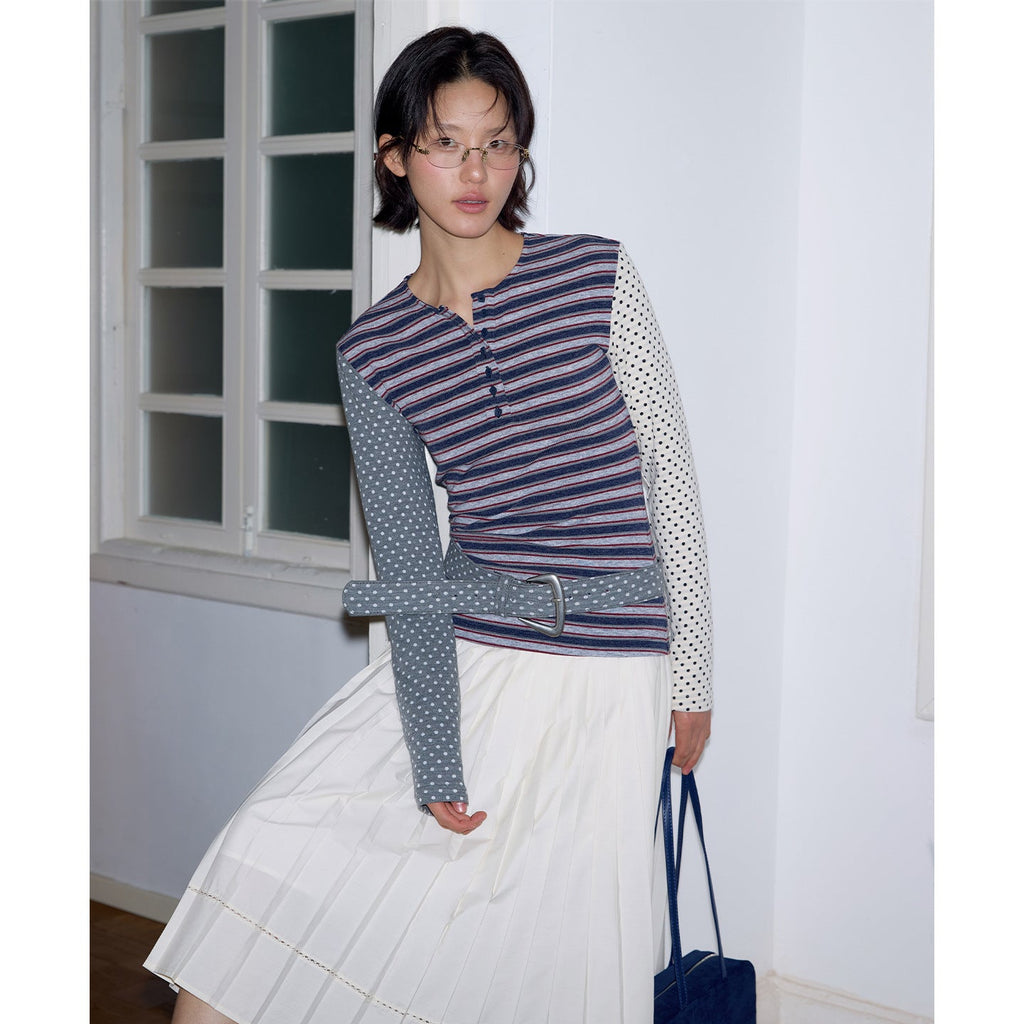 Striped contrasting polka dot long-sleeved knitted T-shirt niche commuter long-sleeved top