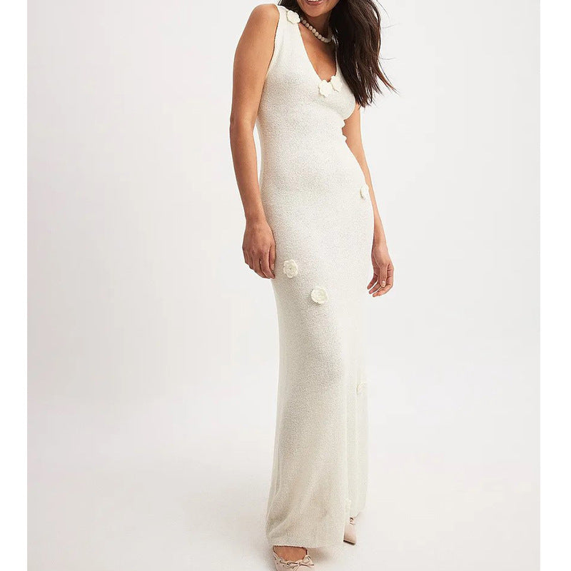 Sexy fashion vest long dress three-dimensional flower knitted dress female spice girl foreign style long