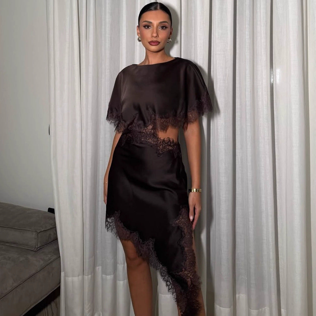 Fashion Sexy Irregular Satin Skirt Lace Splicing Hollow Spice Girl Dress