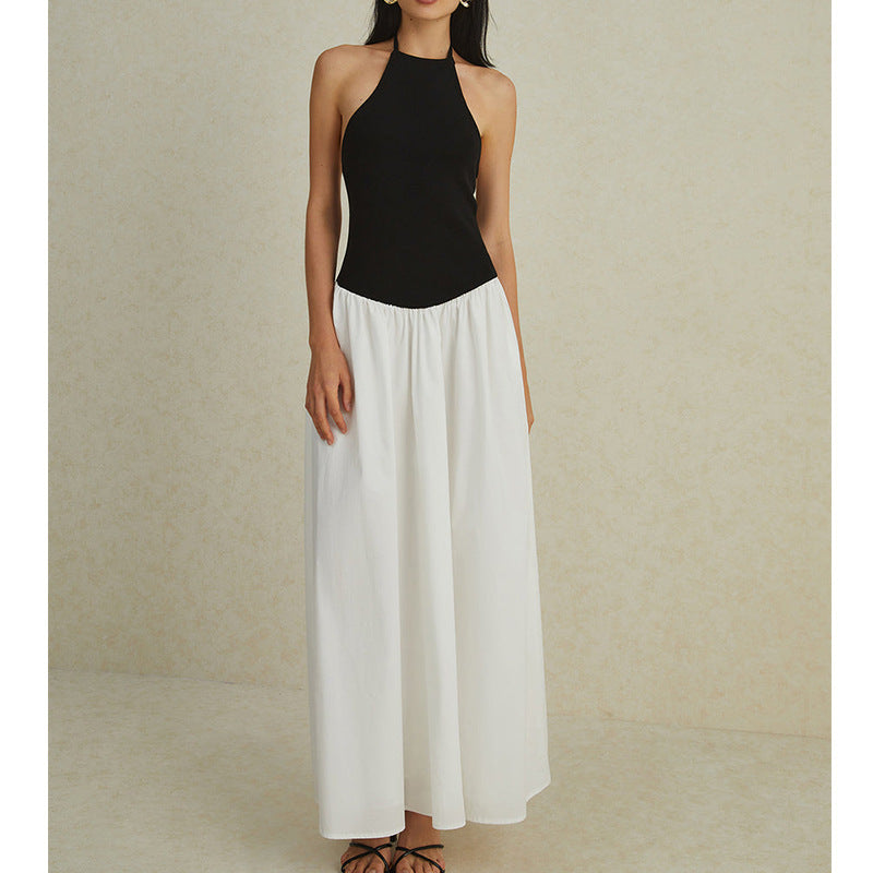 Slip pleated skirt, chiffon long skirt, spliced halterneck sexy dress