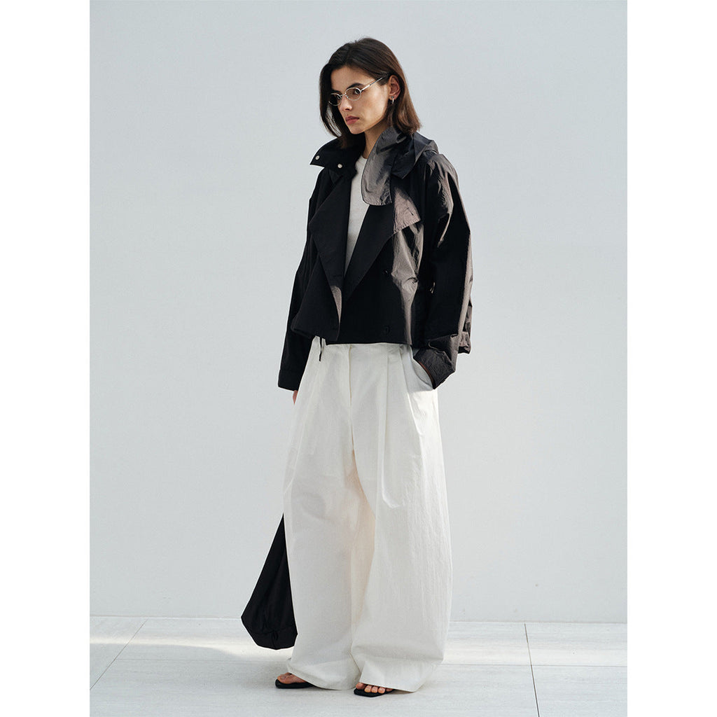 Spring new design double-breasted removable cap anti-wrinkle non-ironing stand-up collar short trench coat