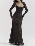 High-end light luxury evening dress suspender long-sleeved lace dress