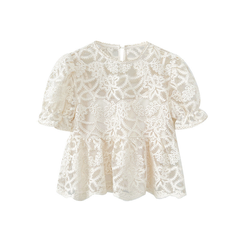Hollow bubble sleeve lace top