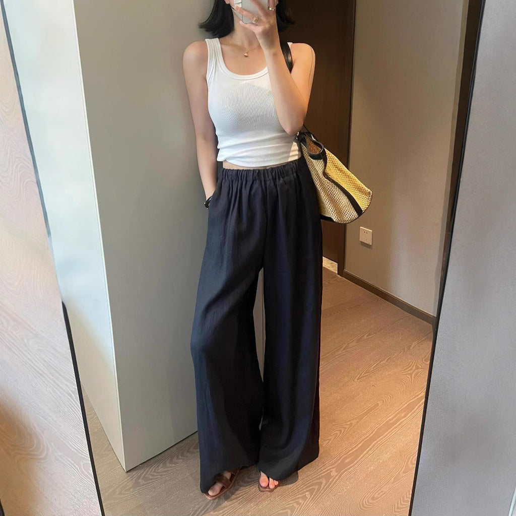 Thin loose drape lazy style high waist straight casual mopping cotton and linen wide-leg pants