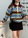 Korean striped polo neck sweater women's autumn and winter long-sleeved loose soft waxy knitted sweater colored top