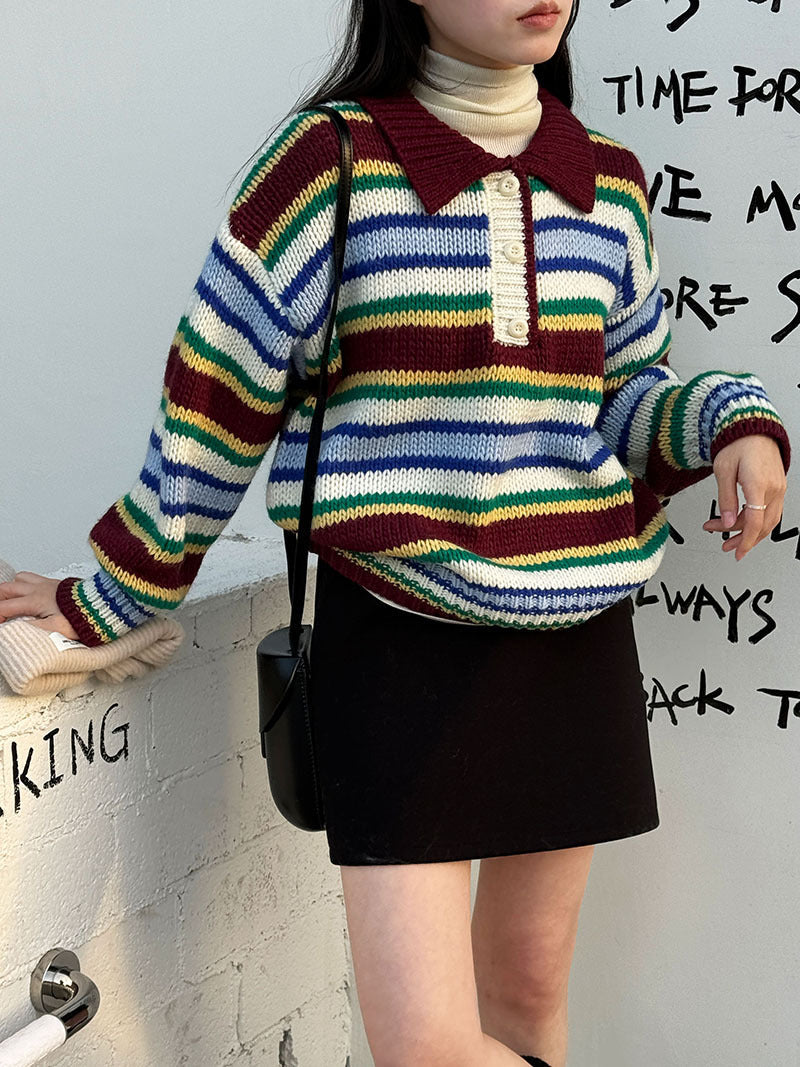 Korean striped polo neck sweater women's autumn and winter long-sleeved loose soft waxy knitted sweater colored top
