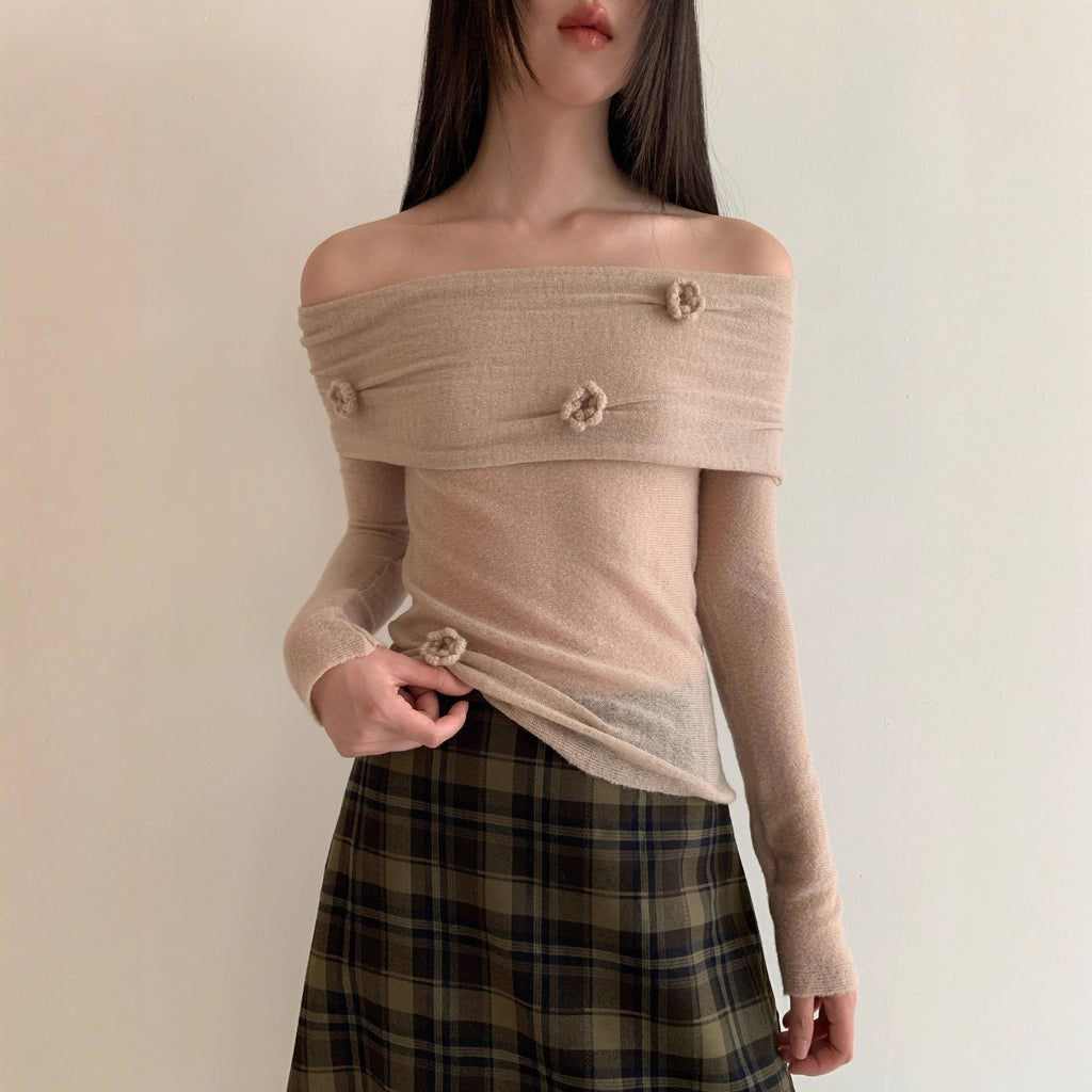 Skin-friendly one-word shoulder backless long-sleeved knitted sweater