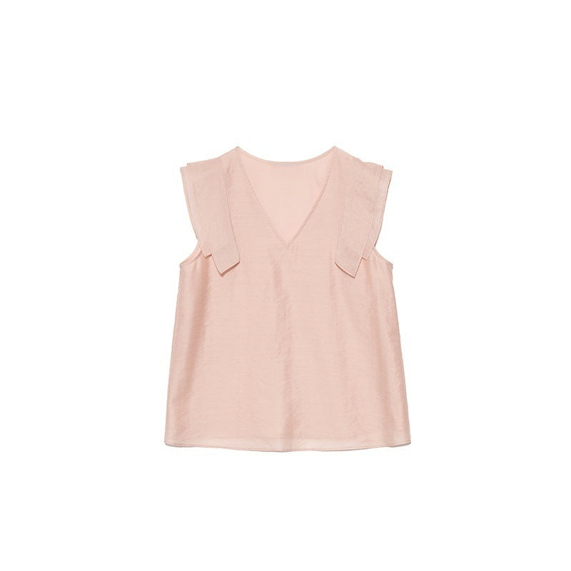 Pink fly-sleeved shirt women's V-neck shirt skirt set, new pink peach age-reducing two-piece set