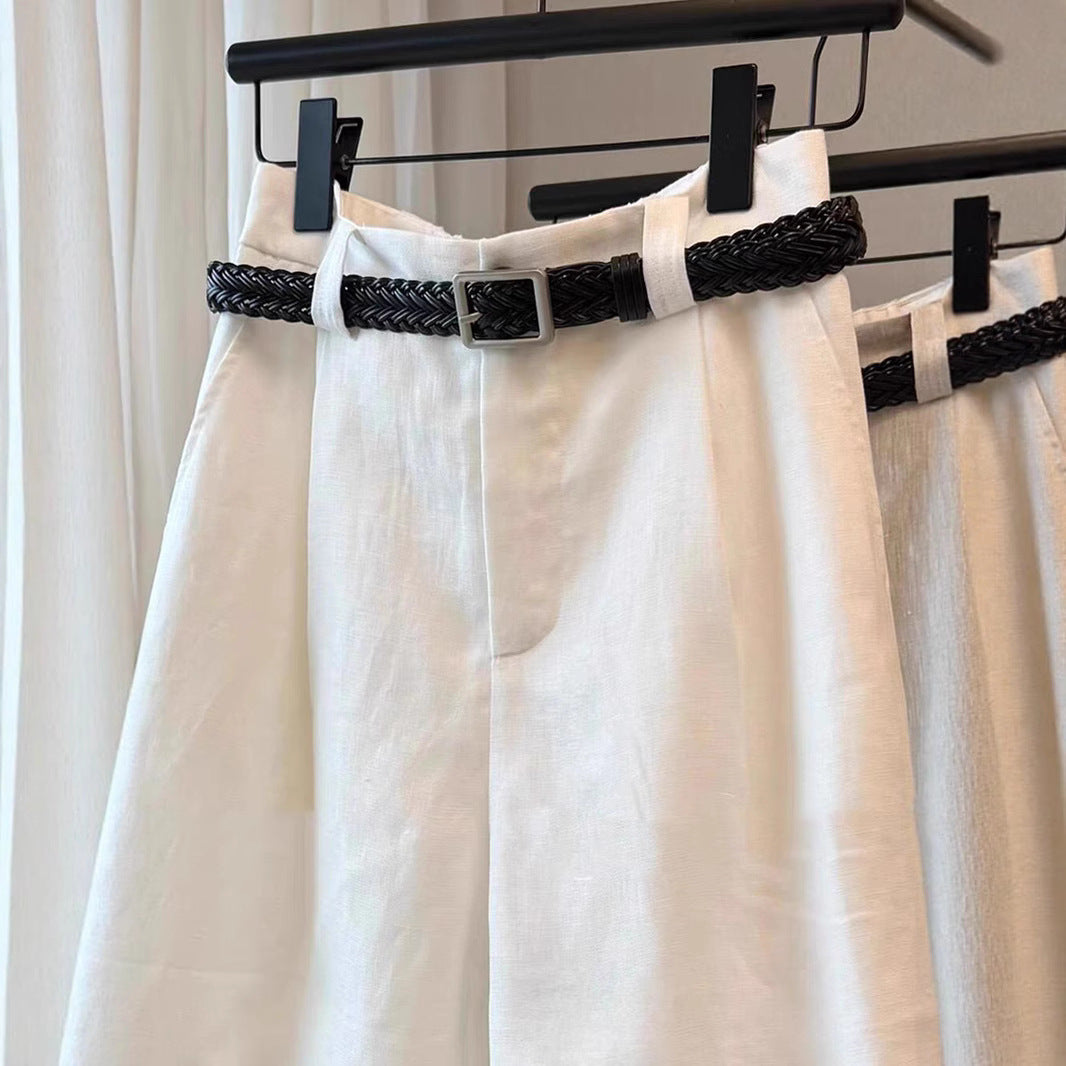 White linen high-waisted wide-leg shorts