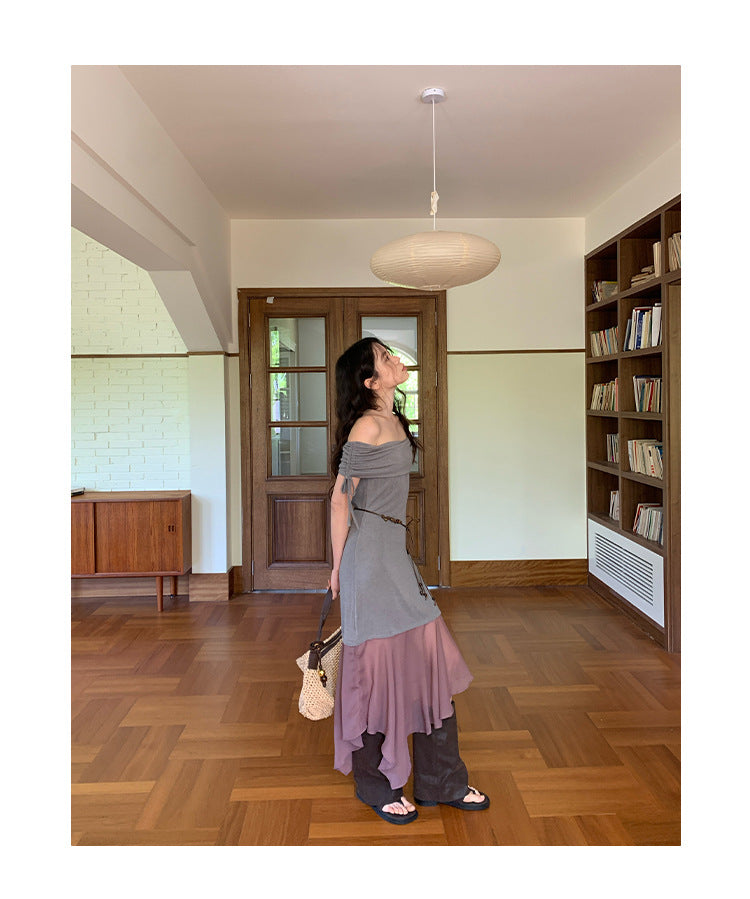 beautiful asymmetrical contrasting one-word shoulder dress