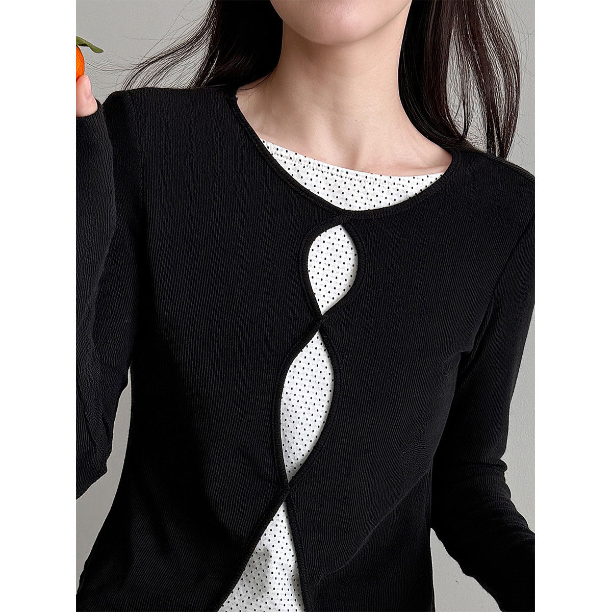 Contrasting fake two-piece splicing hollow polka dot long-sleeved T-shirt women's early spring new slim-fit knitted top