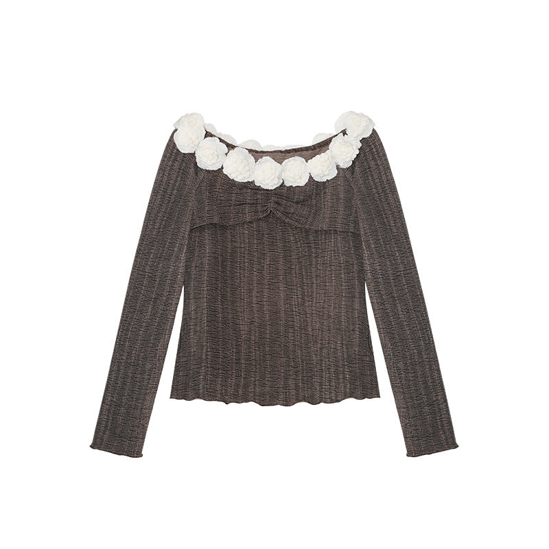 Sweet slim-fit three-dimensional flower splicing one-word shoulder top
