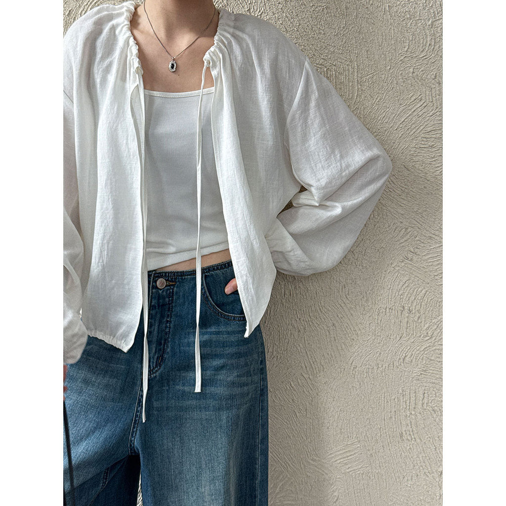 Crew neck strap linen shirt women's Korean simple summer new waist sunscreen jacket shirt
