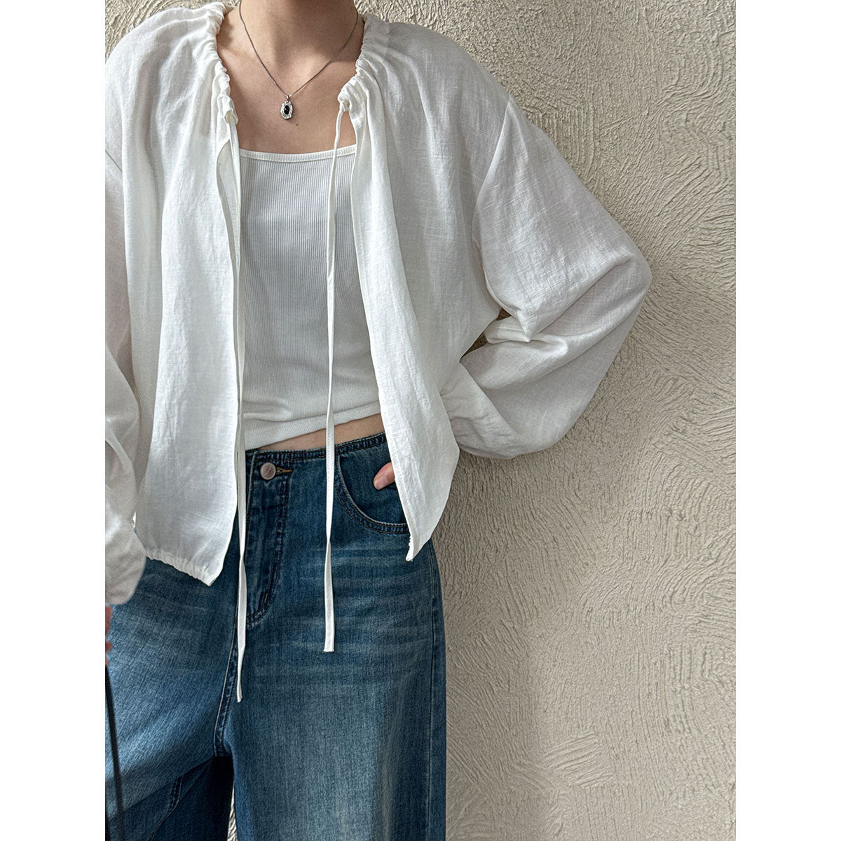 Crew neck strap linen shirt women's Korean simple summer new waist sunscreen jacket shirt