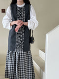 Japanese plaid fungus edge fishtail dress autumn and winter temperament petal woolen vest skirt