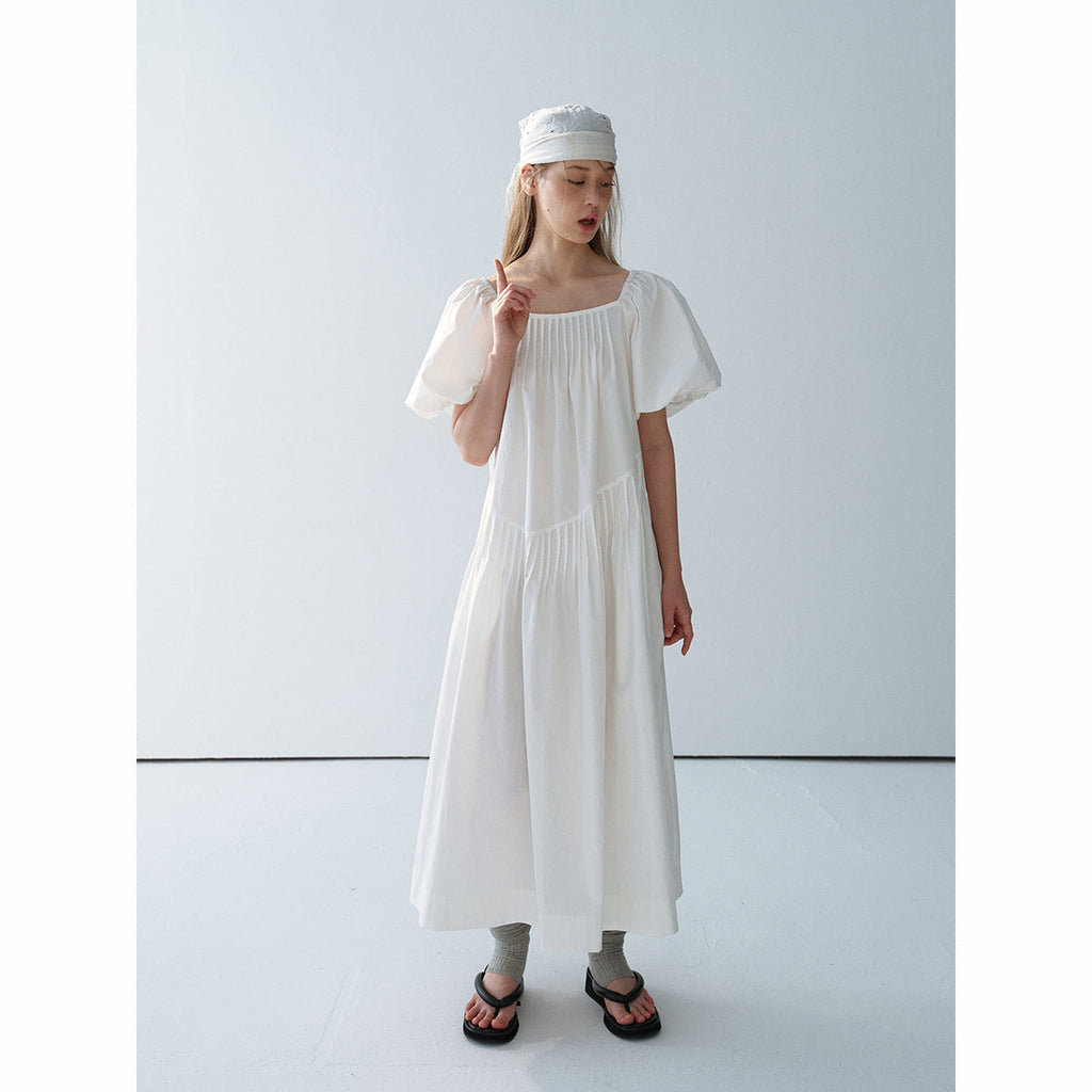Summer new casual square collar cotton long loose tucker pleated long proportion dress