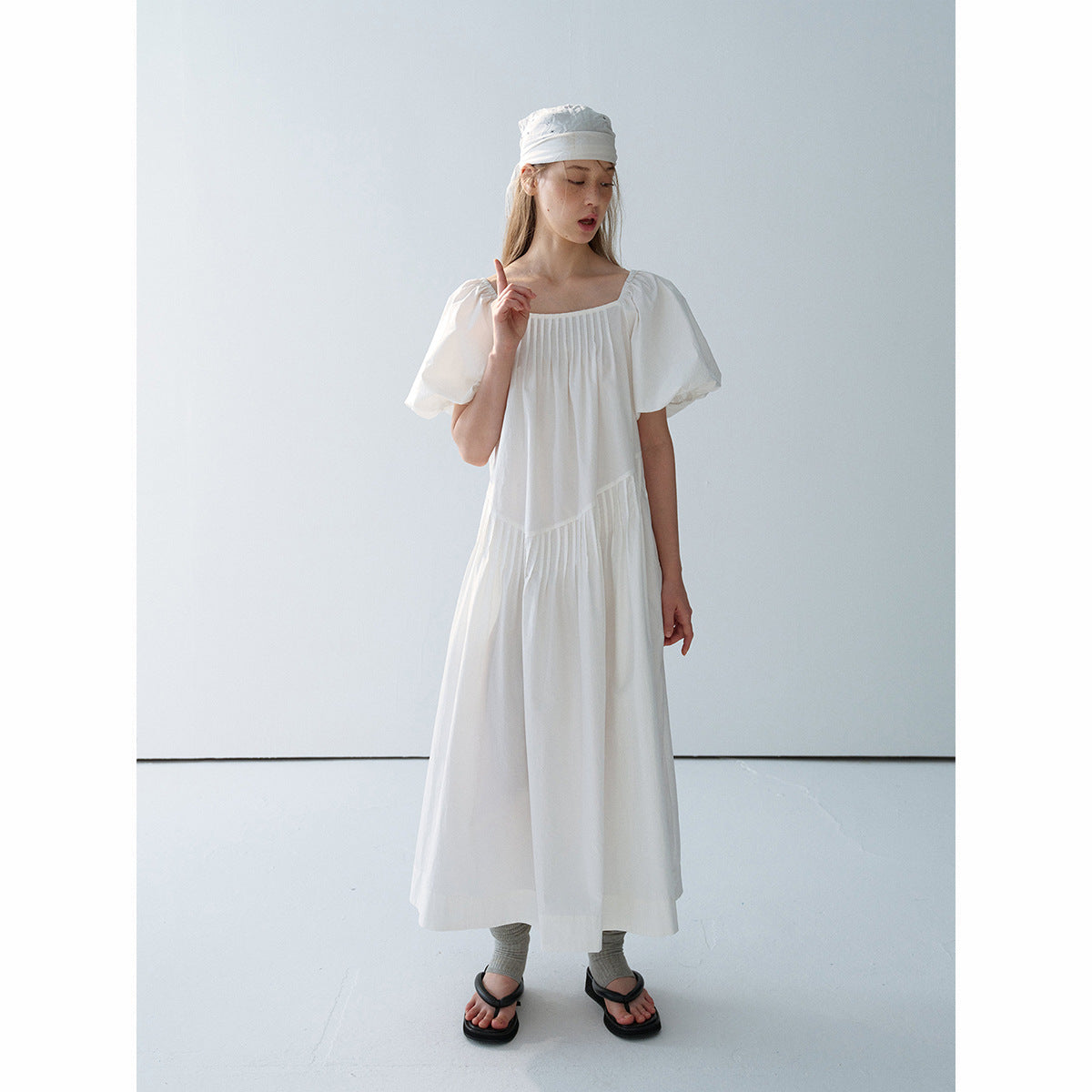 Summer new casual square collar cotton long loose tucker pleated long proportion dress