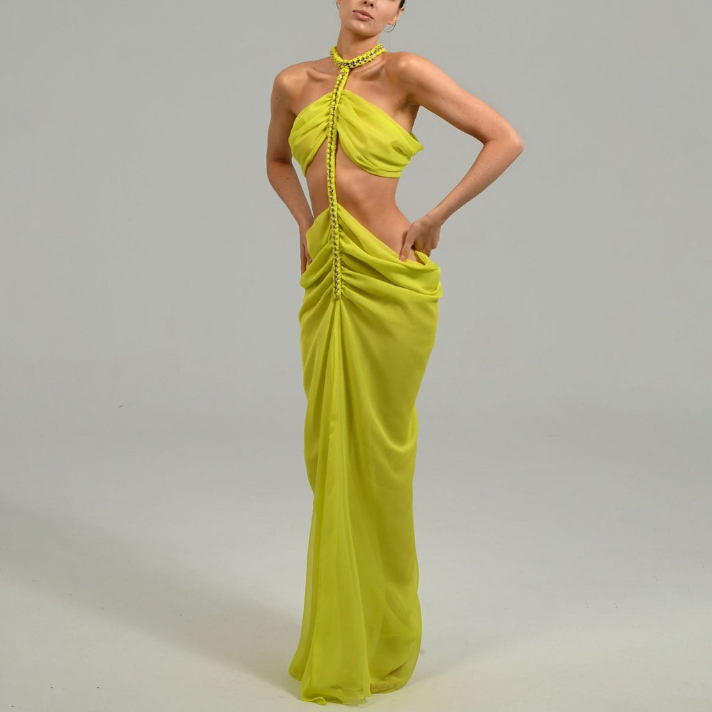 Irregular fake two low-rise split-ended dresses, chain neck chiffon dress