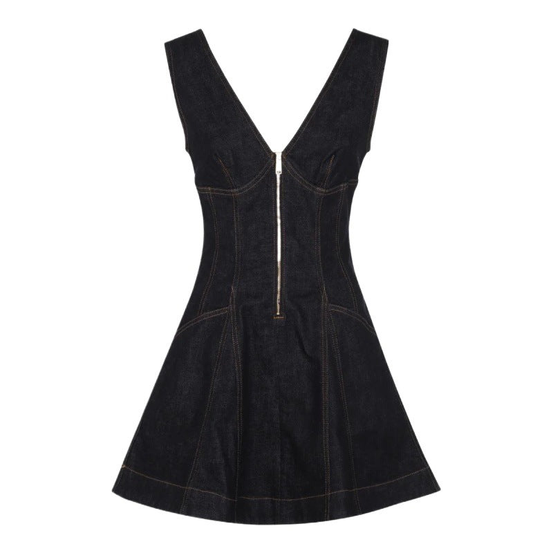 Denim Dress Women V-Neck Sleeveless High Waist A-Line Short
