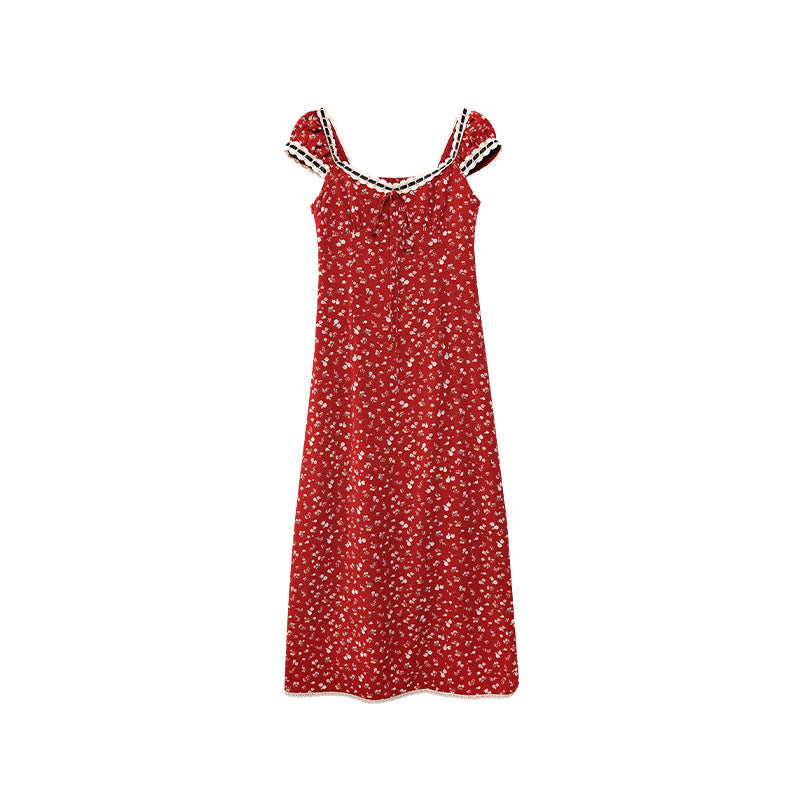 Summer retro Chinese temperament waist short-sleeved floral dress