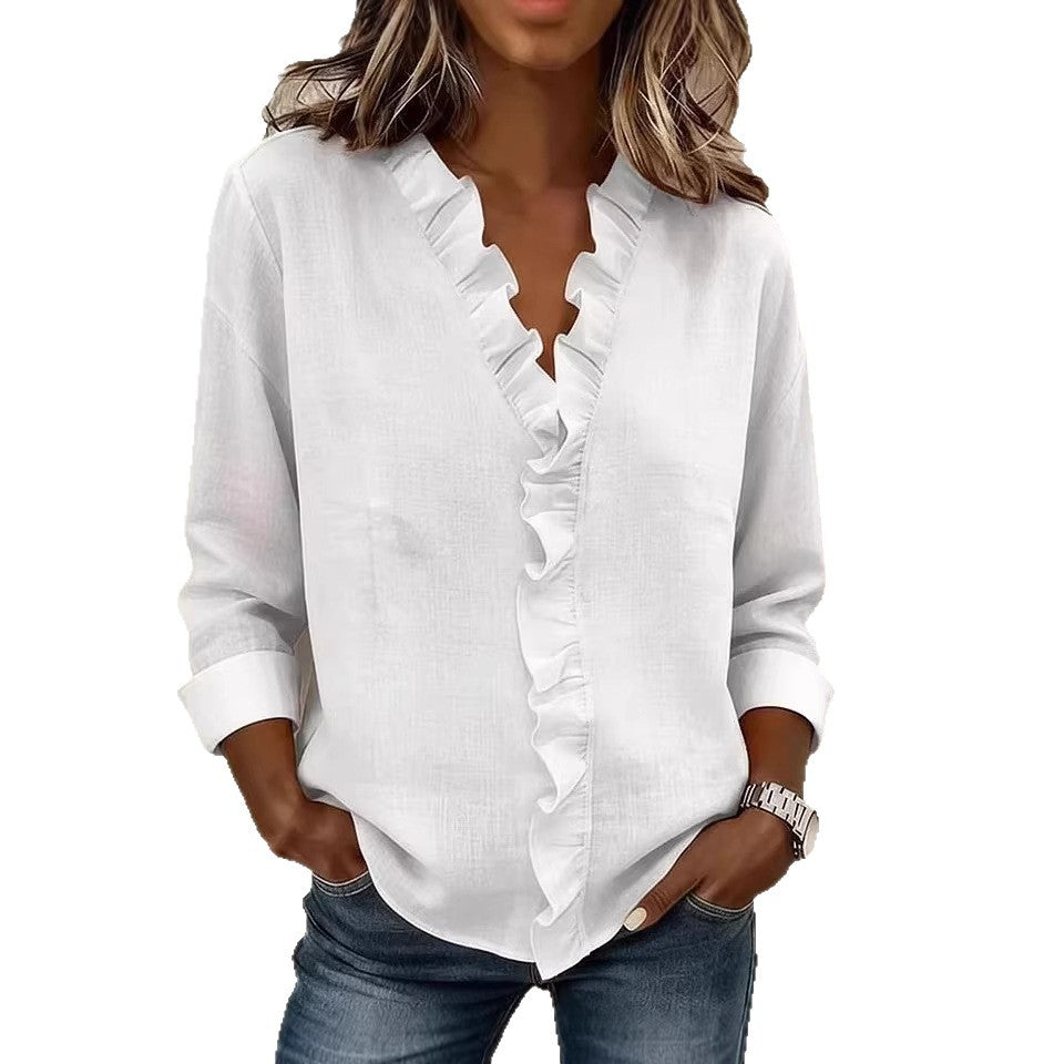 Spring women's fungus edge long-sleeved cotton shirt women's design sense spring new top shirt women's spring