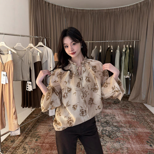 Autumn French retro loose Tencel hemp print lace-up stand-up collar shirt