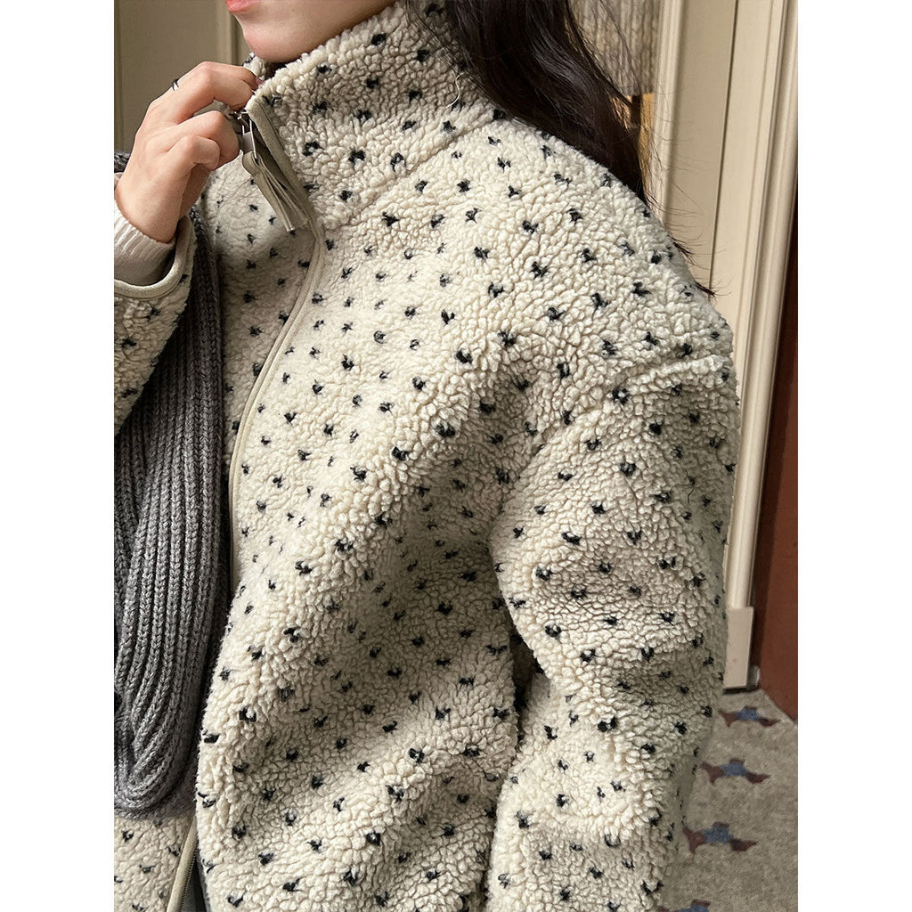 Korean style retro polka dot lambswool stand collar top - warm women's winter new double zipper jacket