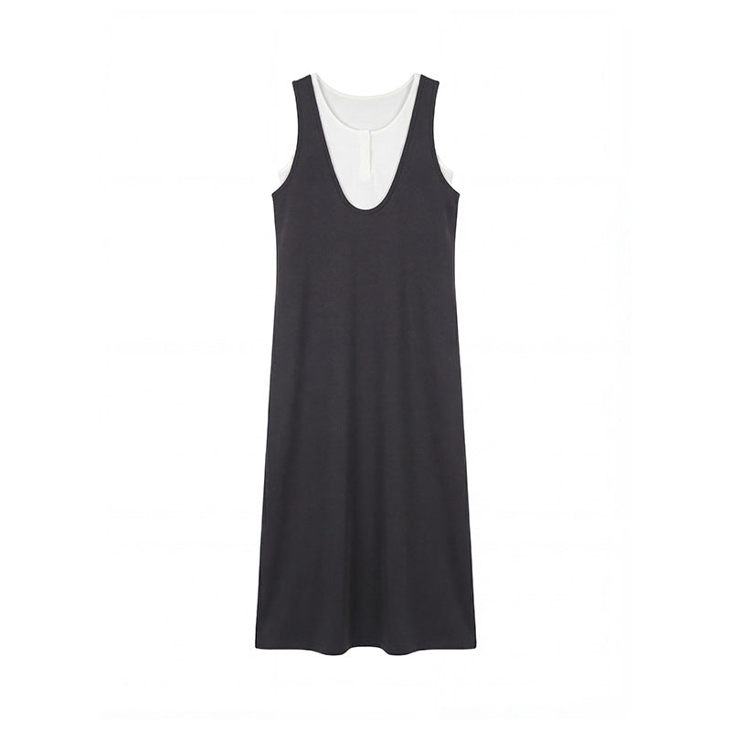 short vest + V-neck sleeveless long skirt