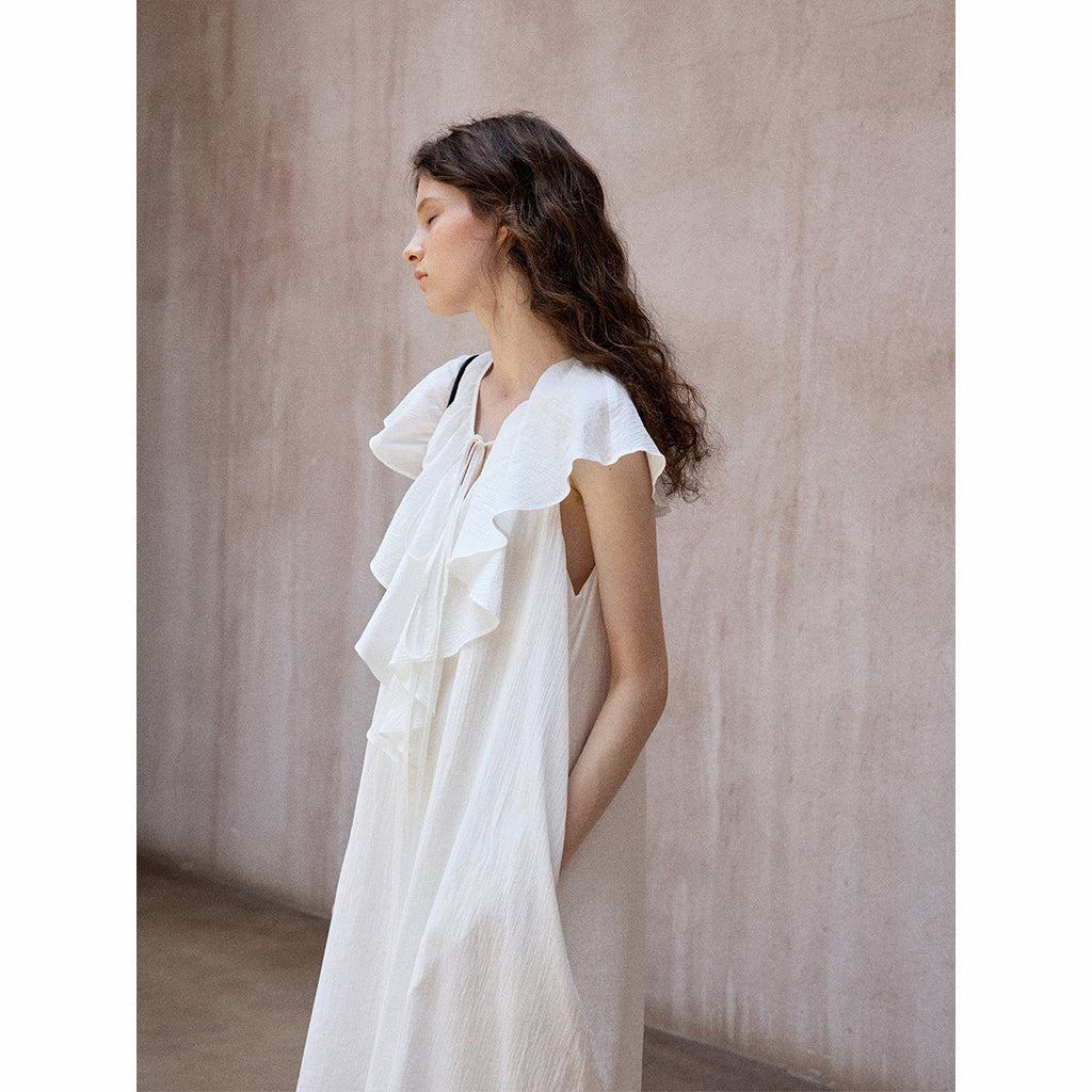 Pure cotton loose design ruffle edge minimalist and thin sleeveless V-neck lace-up dress
