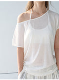 Summer new casual super cool hemp boat collar shoulder Tencel light knitted bottoming shirt