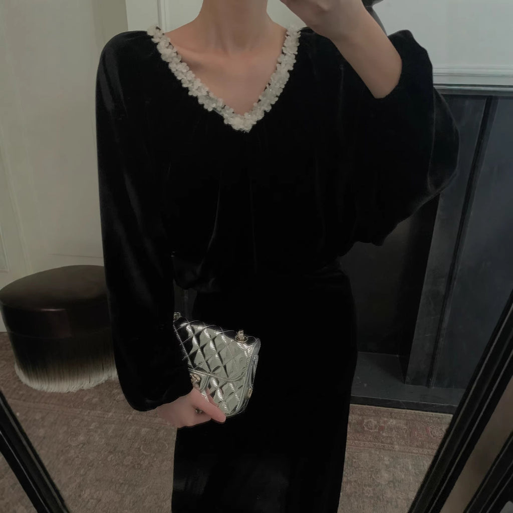 Loose long-sleeved design halter v-neck velvet sweater for women