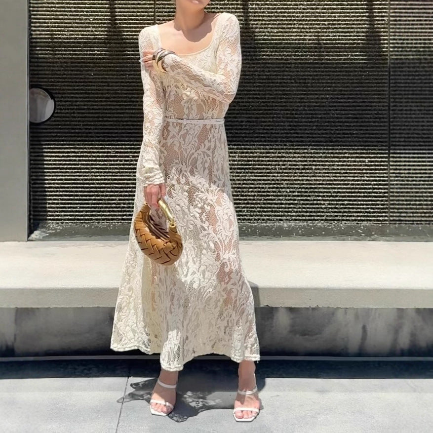 Fashion French sexy pure desire style lace dress hollow slim-fitting long-sleeved dress