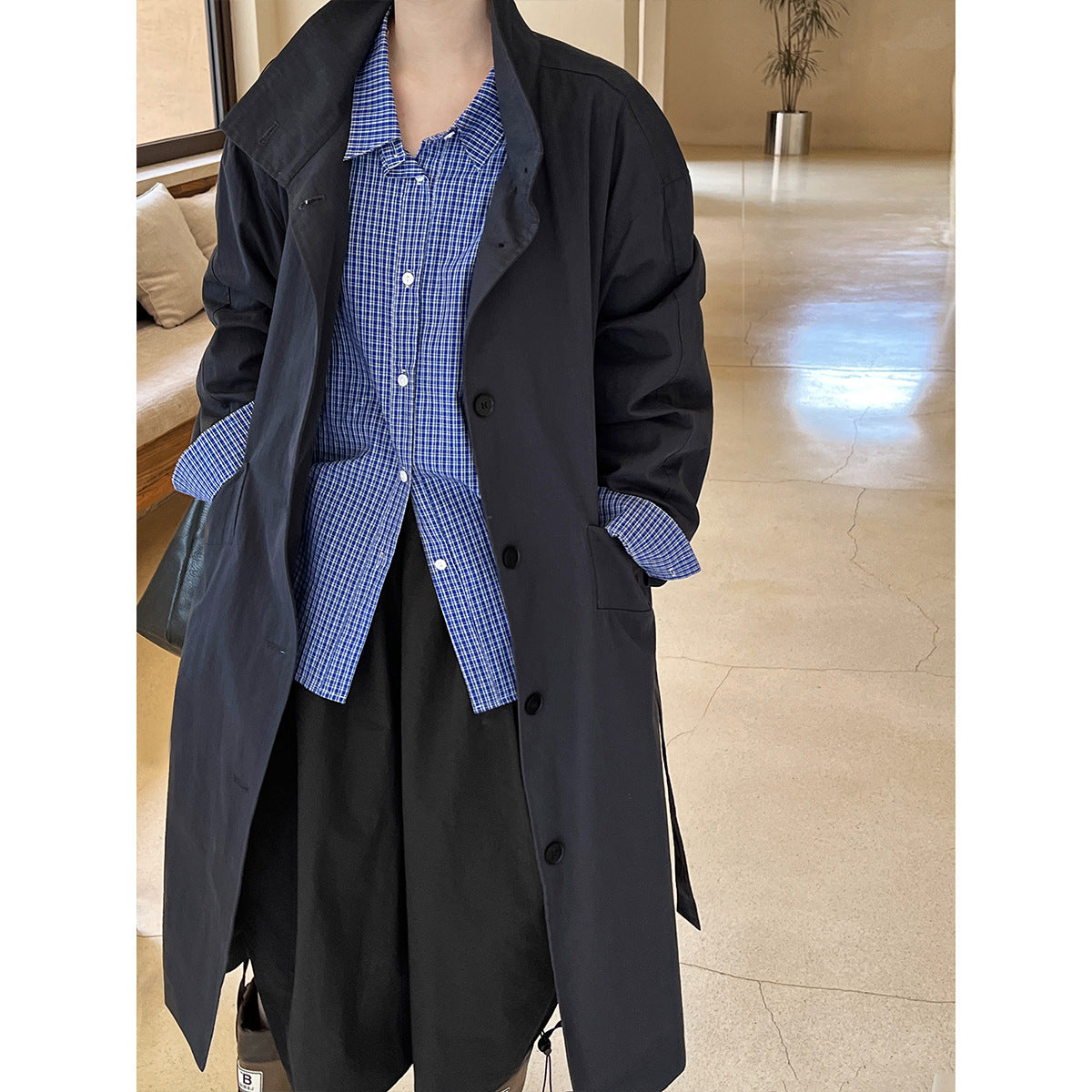 Autumn minimalist silhouette stand-up collar trench coat women's mid-length lace-up lazy style jacket top