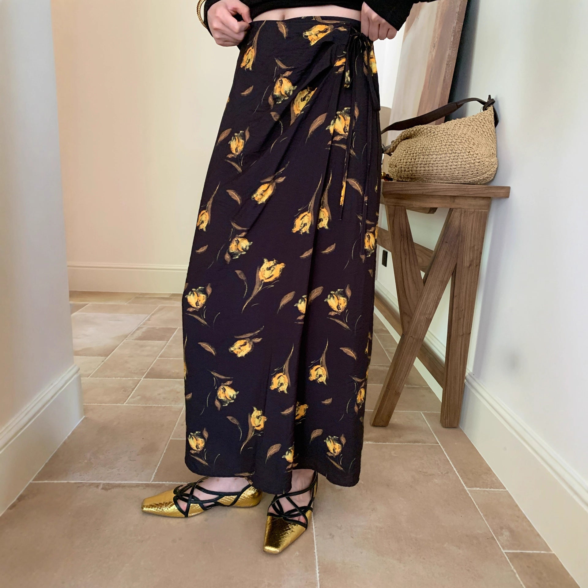 Retro beautiful temperament high waist straight lace-up floral skirt
