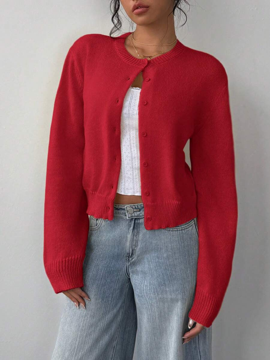 Autumn and winter round neck threaded long-sleeved button women's cardigan jacket sweater soft waxy short loose and thin