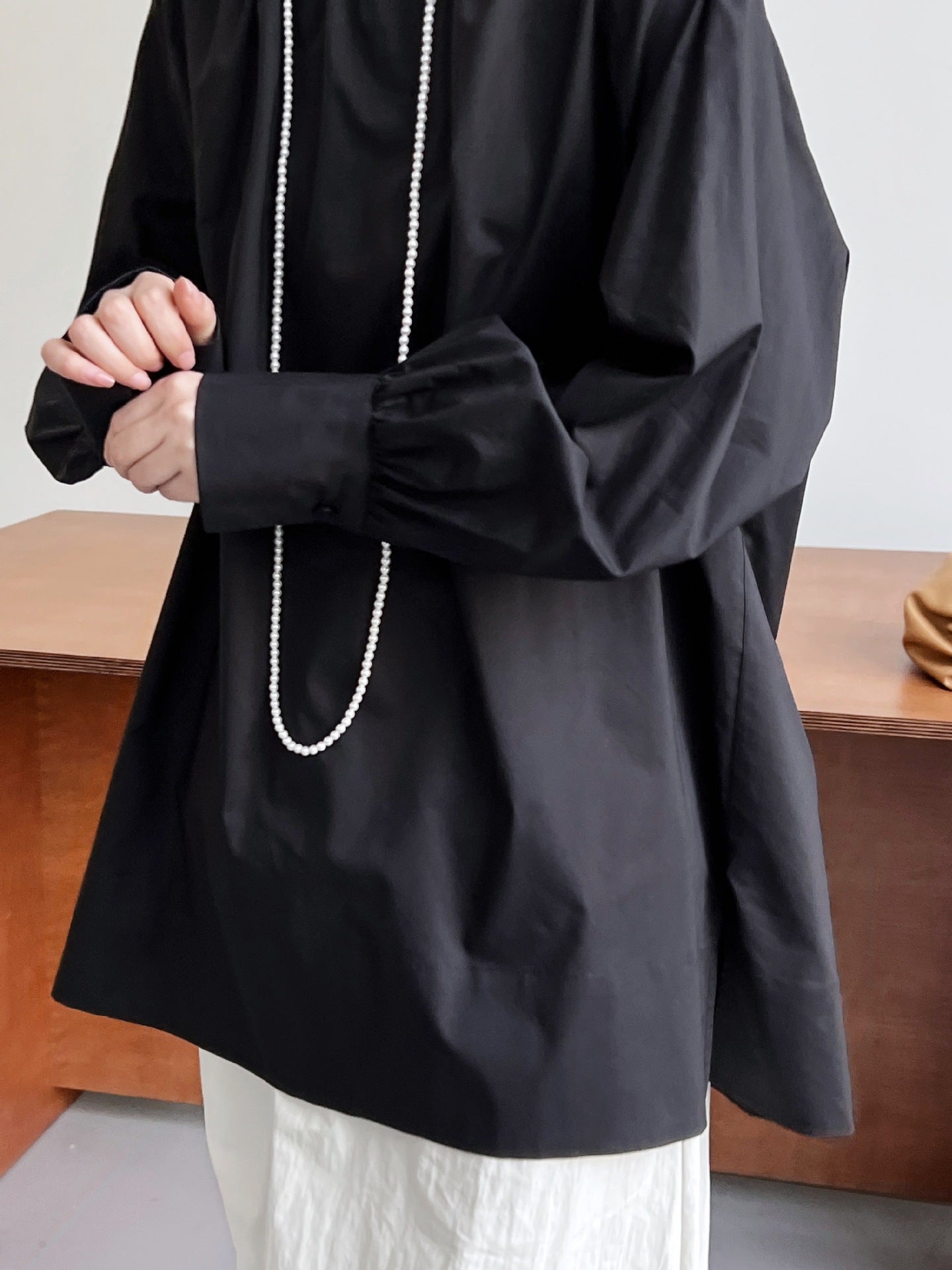 ins Korean loose and lazy basic round neck pleated shoulder sleeves medium and long sunscreen shirt