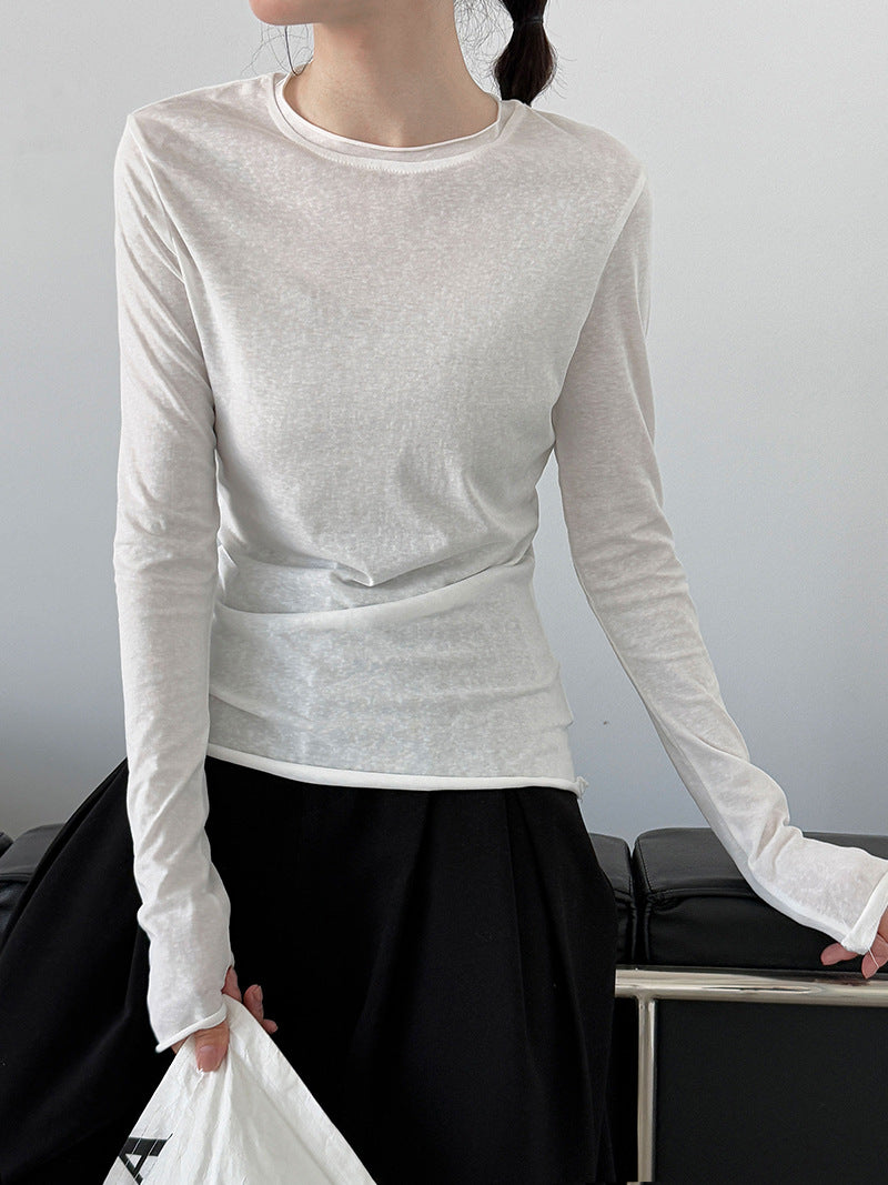 Korean versatile curled round neck T-shirt bottoming shirt women's autumn new long-sleeved slim-fit top