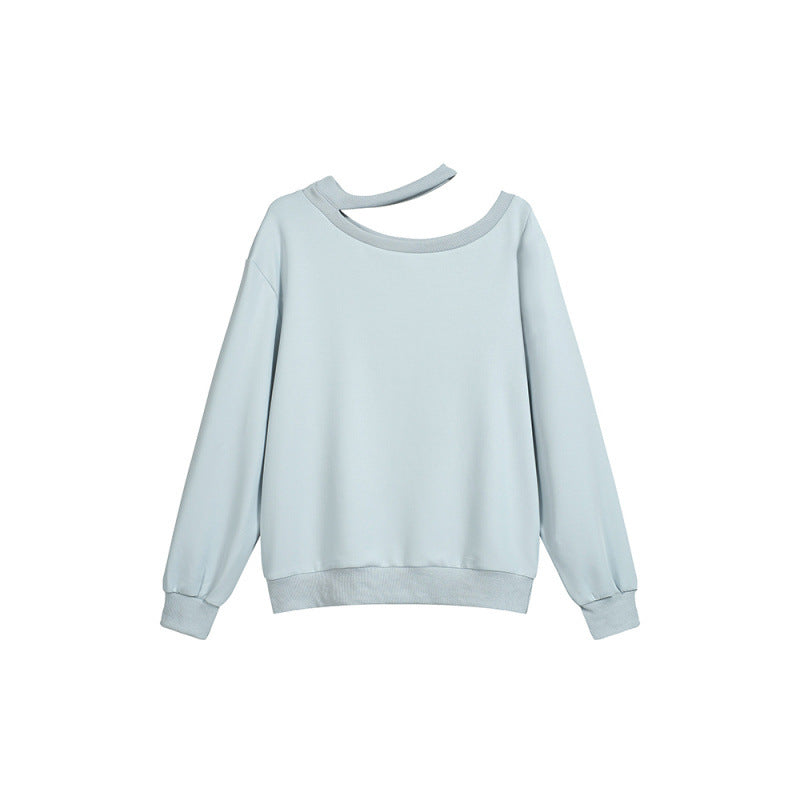 Autumn and winter new design simple sky blue slanted shoulder off-the-shoulder sweater