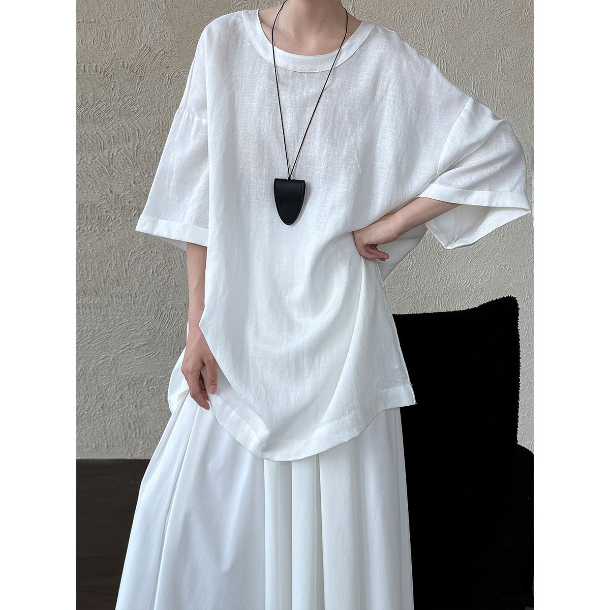 Lazy wind simple loose round neck T women's summer new back strap five-quarter sleeve short-sleeved top