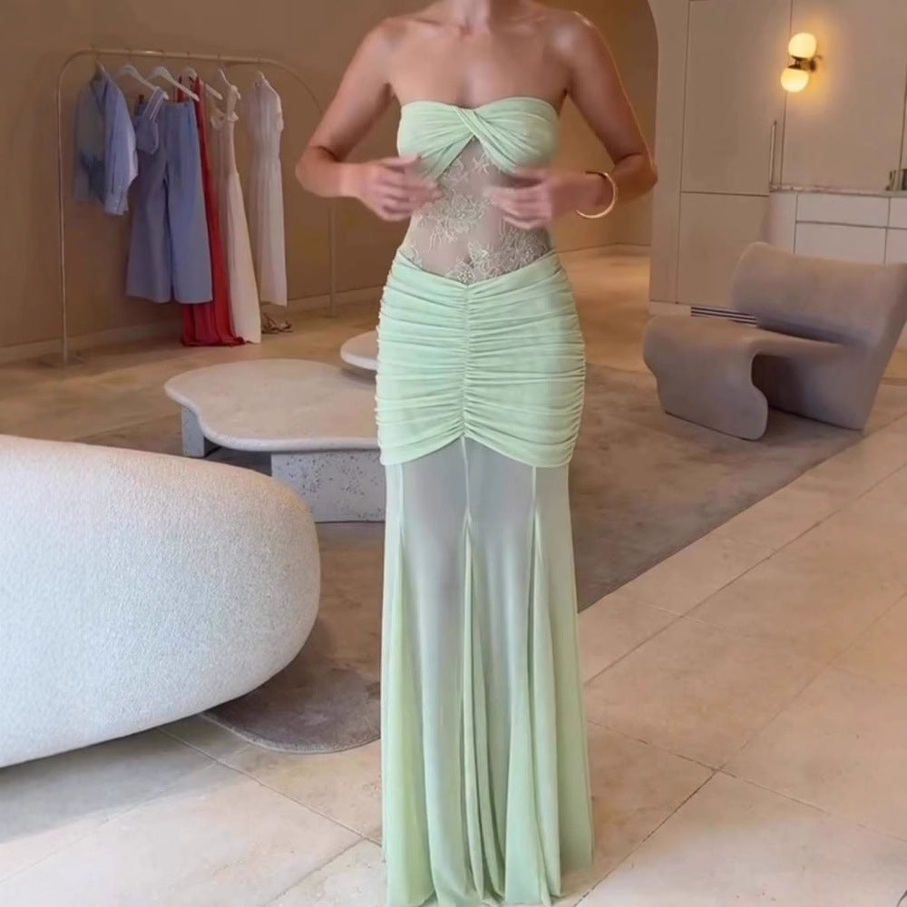 Sexy pleated mesh paneled see-through lace dress