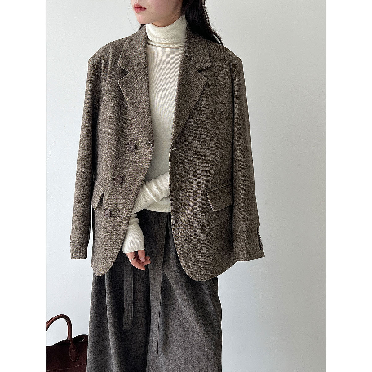 Minimalist high-end autumn and winter wool woolen blazer women's cropped texture tweed coat