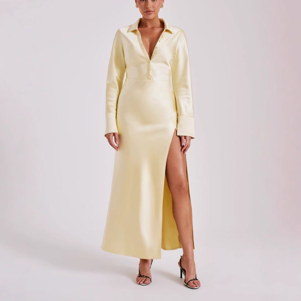 Fashion Vacation Style Long Sleeve Shirt Split Skirt Sexy Satin Dress