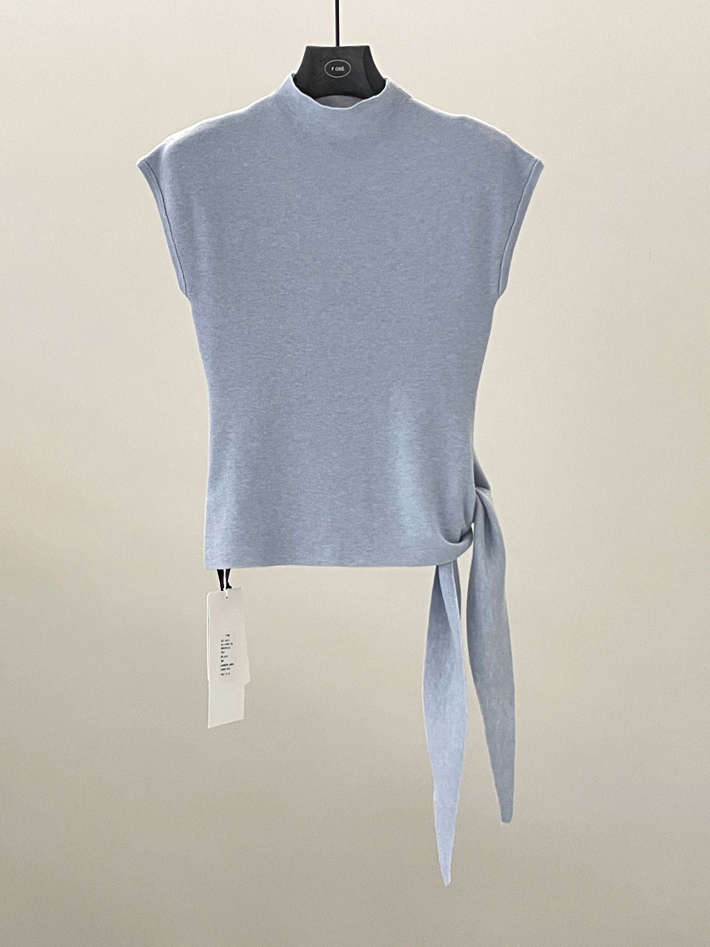 Spring minimalist style tie-up tie stand-up collar solid color knitted short-sleeved T-shirt 59027