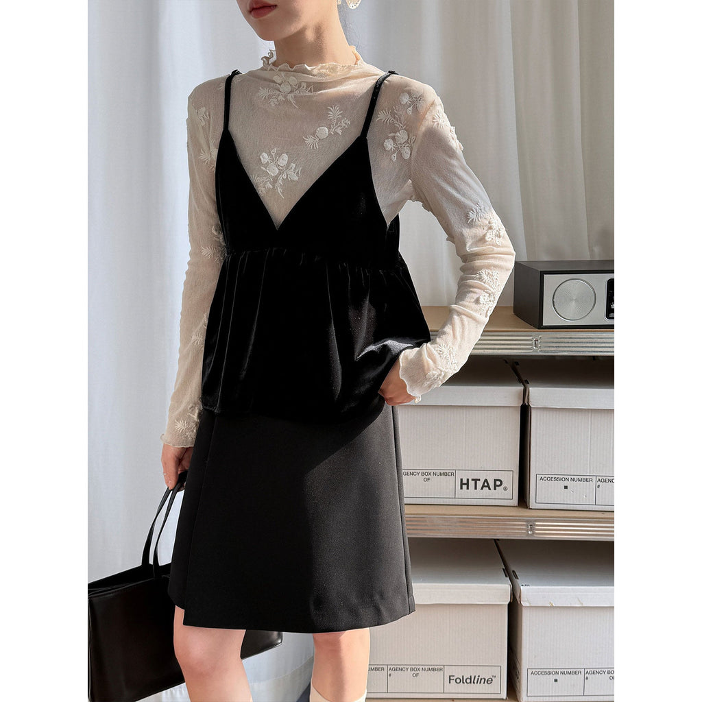Korean temperament stacked high-end velvet sling vest spring v-neck meat-covering top