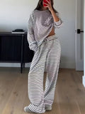 Striped Casual Two-Piece Set Women Long Sleeve Top High Waist Pants