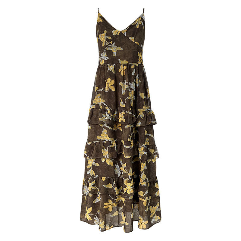 French elegant blended floral V-neck sundress women's summer new waist lace sundress